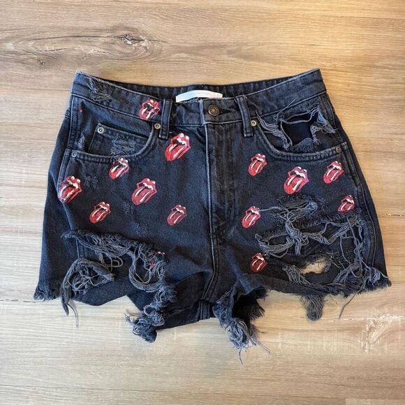 ZARA X The Rolling Stones Black Cutoff High Rise Shorts Size 06 Chic Casual - Picture 1 of 7